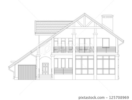 Outline suburban house model. Drawing of the modern building. Cottage project on white background. Vector blueprint. 125708969