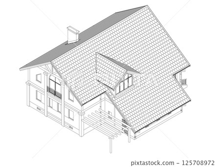 Outline suburban house model. Drawing of the modern building. Cottage project on white background. Vector blueprint. Isometric view. 3D. 125708972