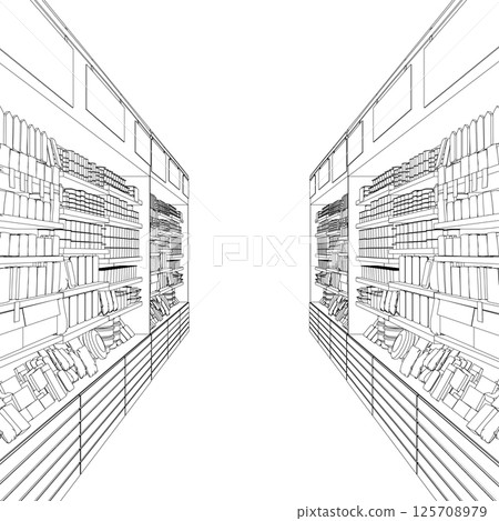 Outline Supermarket store interior with goods. Contour Grocery supermarket and store with shelves and products. Vector illustration. 125708979