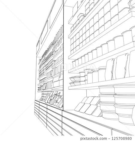 Outline Supermarket store interior with goods. Contour Grocery supermarket and store with shelves and products. Vector illustration. 125708980