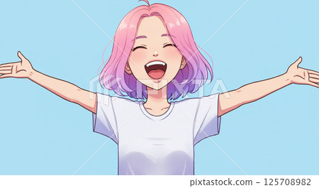 A girl greets with a smile and both hands 125708982