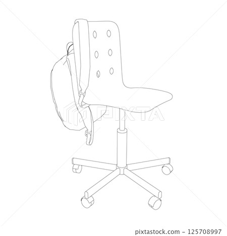 Outline of a backpack hanging on a chair made of black lines isolated on a white background. Vector illustration. Outline of a backpack hanging on a chair made of black lines isolated on a white background. Vector illustration. 125708997