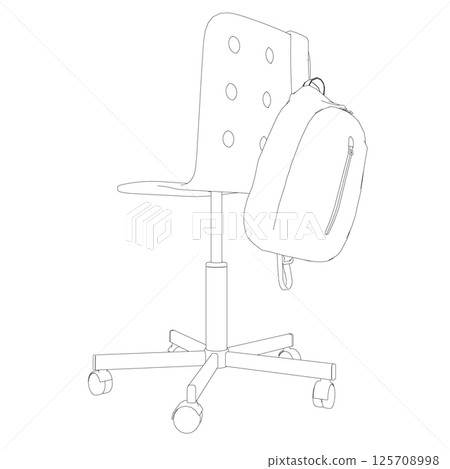 Outline of a backpack hanging on a chair made of black lines isolated on a white background. Vector illustration. Outline of a backpack hanging on a chair made of black lines isolated on a white background. Vector illustration. 125708998