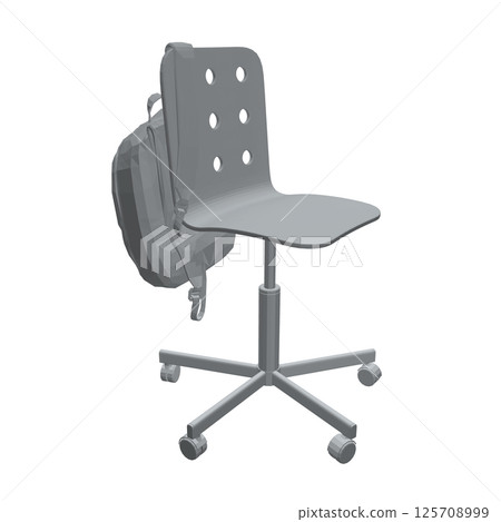 Polygonal model of a backpack hanging on a chair isolated on a white background. Vector illustration. 3D. Grey colour. 125708999