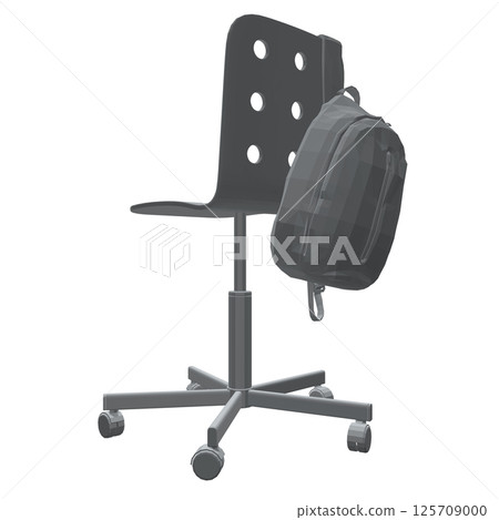 Polygonal model of a backpack hanging on a chair isolated on a white background. Vector illustration. 3D. Grey colour. Polygonal model of a backpack hanging on a chair isolated on a white background. Vector illustration. 3D. Grey colour. 125709000