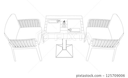 Outline of two chairs and a table with forks, knives and napkins. Side View. Outline of two chairs and a table with forks, knives and napkins. Side View. 125709006