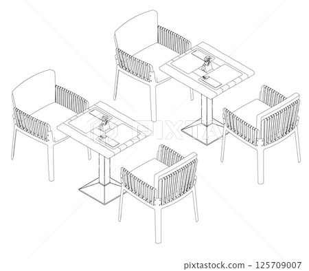 Outline of chairs and a tables with forks, knives and napkins. Isometric View. 3D. Outline of chairs and a tables with forks, knives and napkins. Isometric View. 3D. 125709007