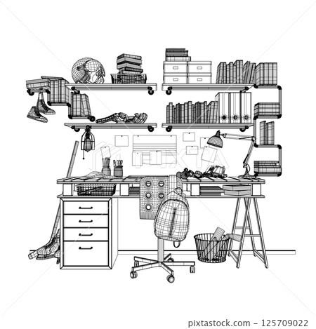 Vector illustration of a teenager's room interior made of black lines isolated on a white background. A table with many books, educational supplies and sports equipment. 3D. Wireframe illustration. Vector illustration of a teenager's room interior made of black lines isolated on a white background. A table with many books, educational supplies and sports equipment. 3D. Wireframe illustration. 125709022