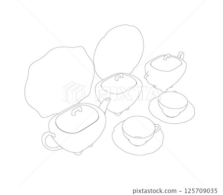 Contour illustration tea set. Teapot, milk jug, sugar bowl and cups and saucers. Black outline. Coloring page. 125709035