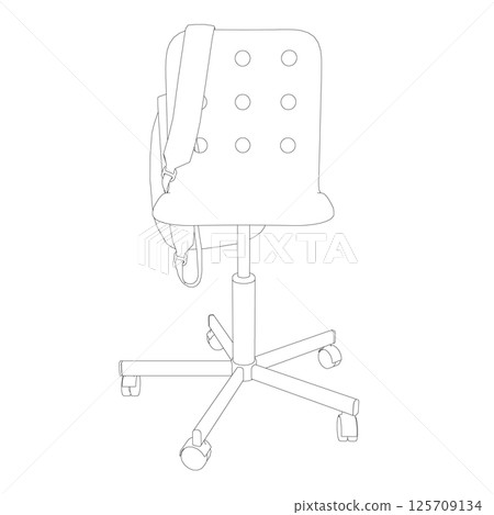 Outline of a backpack hanging on a chair made of black lines isolated on a white background. Vector illustration. 125709134