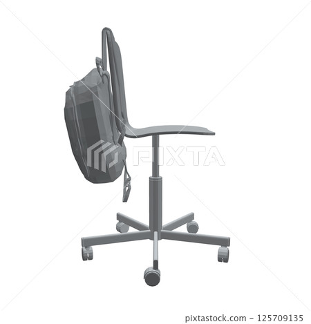 Polygonal model of a backpack hanging on a chair isolated on a white background. Vector illustration. 3D. Grey colour. Polygonal model of a backpack hanging on a chair isolated on a white background. Vector illustration. 3D. Grey colour. 125709135