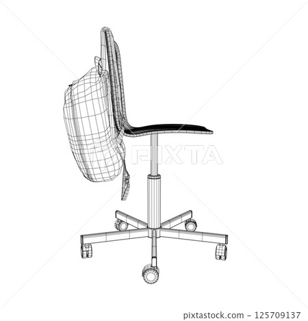 Wireframe of a backpack hanging on a chair made of black lines isolated on a white background. Vector illustration. 3D. Wireframe of a backpack hanging on a chair made of black lines isolated on a white background. Vector illustration. 3D. 125709137