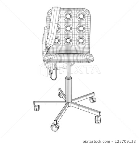 Wireframe of a backpack hanging on a chair made of black lines isolated on a white background. Vector illustration. 3D. 125709138