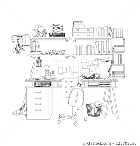 Vector illustration of a teenager's room interior made of black lines isolated on a white background. A table with many books, educational supplies and sports equipment. 125709155