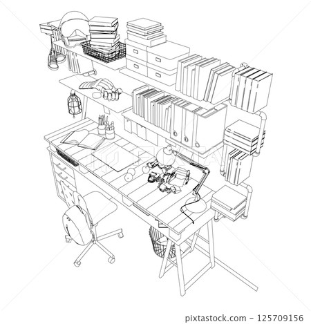 Vector illustration of a teenager's room interior made of black lines isolated on a white background. A table with many books, educational supplies and sports equipment. Vector illustration of a teenager's room interior made of black lines isolated on a white background. A table with many books, educational supplies and sports equipment. 125709156