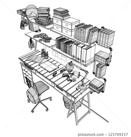 Vector illustration of a teenager's room interior made of black lines isolated on a white background. A table with many books, educational supplies and sports equipment. 3D. Wireframe illustration. Vector illustration of a teenager's room interior made of black lines isolated on a white background. A table with many books, educational supplies and sports equipment. 3D. Wireframe illustration. 125709157