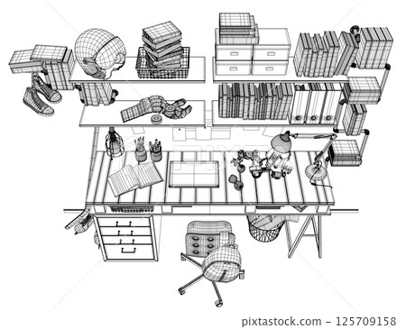 Vector illustration of a teenager's room interior made of black lines isolated on a white background. A table with many books, educational supplies and sports equipment. 3D. Wireframe illustration. Vector illustration of a teenager's room interior made of black lines isolated on a white background. A table with many books, educational supplies and sports equipment. 3D. Wireframe illustration. 125709158