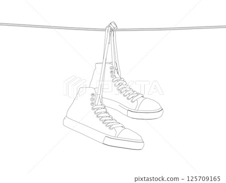 Contour Sneakers hanging from a rope on the white background. Vector illustration. 125709165
