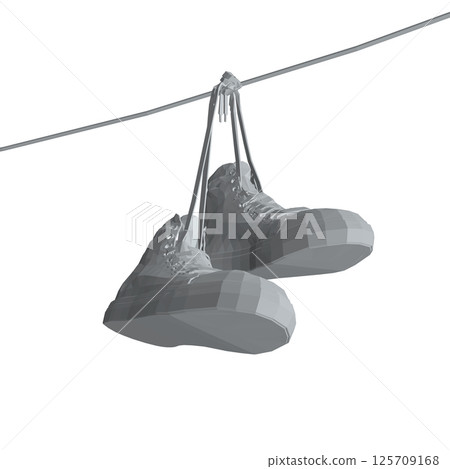 Polygonal model Sneakers hanging from a rope on the white background. Vector illustration. 3D. Polygonal model Sneakers hanging from a rope on the white background. Vector illustration. 3D. 125709168