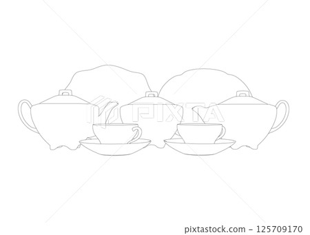 Contour illustration tea set. Teapot, milk jug, sugar bowl and cups and saucers. Black outline. Coloring page. Contour illustration tea set. Teapot, milk jug, sugar bowl and cups and saucers. Black outline. Coloring page. 125709170