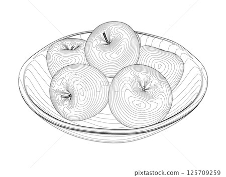 The bowl is filled with apples. Outline and line art style. Vector on white background. 125709259
