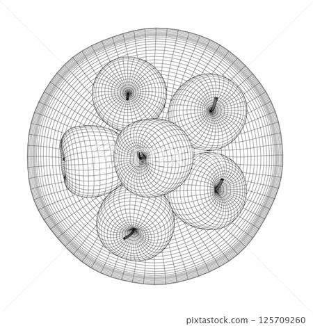 The bowl is filled with apples. Wireframe and line art style. Vector on white background. 3D. 125709260