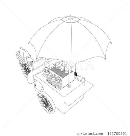 Detailed Outdoor Bicycle Coffee Stand Vector Illustration with Table, Chairs, Menu Display, and Brewing Equipment for Mobile Shop Concept. Vector illustration on the theme of street food. 3D Isometric Detailed Outdoor Bicycle Coffee Stand Vector Illustration with Table, Chairs, Menu Display, and Brewing Equipment for Mobile Shop Concept. Vector illustration on the theme of street food. 3D Isometric 125709261