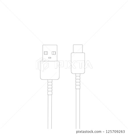 Charging cable, wires with type-c and USB-A ports, contour vector black and white images. charging cable. concept of connection, tech, cell phone accessories, recharge, data transmission. 125709263