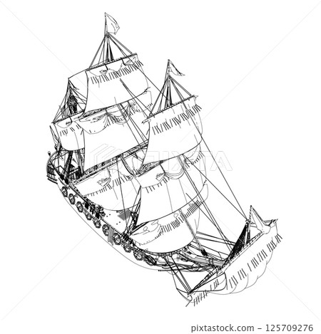 Outline of an ancient sailing frigate made of black lines isolated on a white background. Vector illustration. 125709276