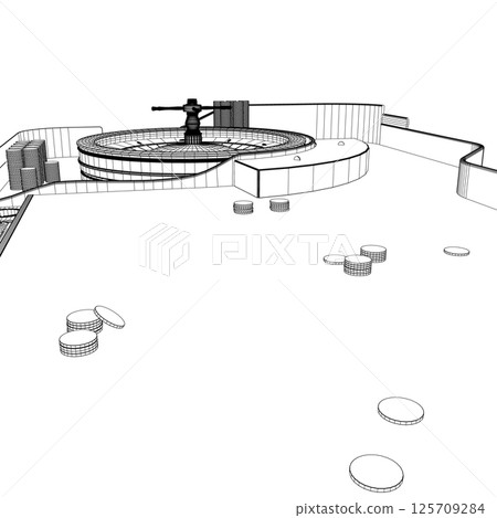 Outline Casino roulette wheel with casino chips on table. View from above. Vector illustration. Outline Casino roulette wheel with casino chips on table. View from above. Vector illustration. 125709284