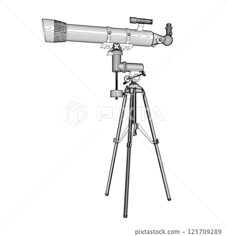 Contour drawing of Telescope - astronomy tool. Telescope in simple outline vector illustration. Contour drawing of Telescope - astronomy tool. Telescope in simple outline vector illustration. 125709289