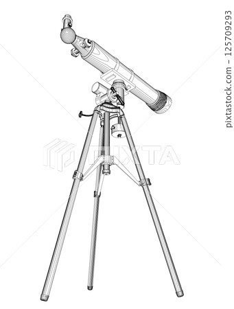 Contour drawing of Telescope - astronomy tool. Telescope in simple outline vector illustration. 125709293