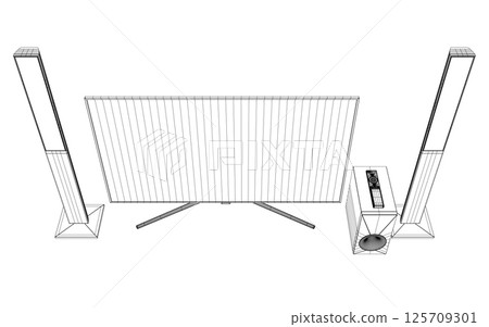 Wireframe TV home theater with sound speaker design. Speakers and television, tv set icon in black flat glyph, outline style isolated on white background. 3D 125709301