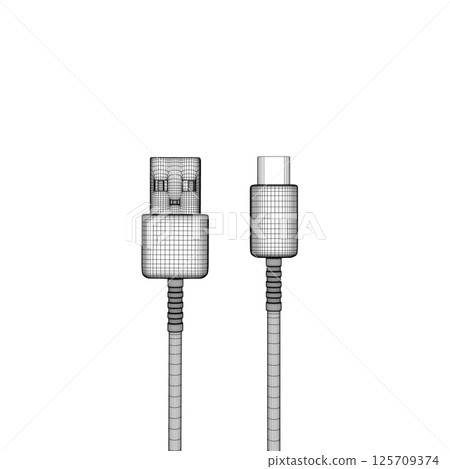Wireframe Charging cable, wires with type-c and USB-A ports, contour vector black and white images. charging cable. concept of connection, tech, cell phone accessories, recharge, data transmission. 3D 125709374