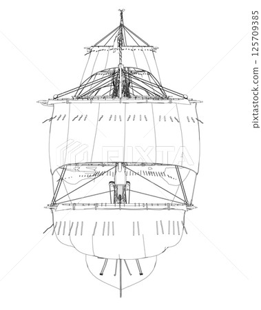 Outline of an ancient sailing frigate made of black lines isolated on a white background. Vector illustration. 125709385