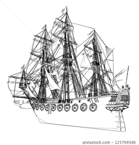 Outline of an ancient sailing frigate made of black lines isolated on a white background. Vector illustration. Outline of an ancient sailing frigate made of black lines isolated on a white background. Vector illustration. 125709386