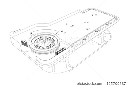 Outline Casino roulette wheel with casino chips on table. View from above. Vector illustration. Outline Casino roulette wheel with casino chips on table. View from above. Vector illustration. 125709387