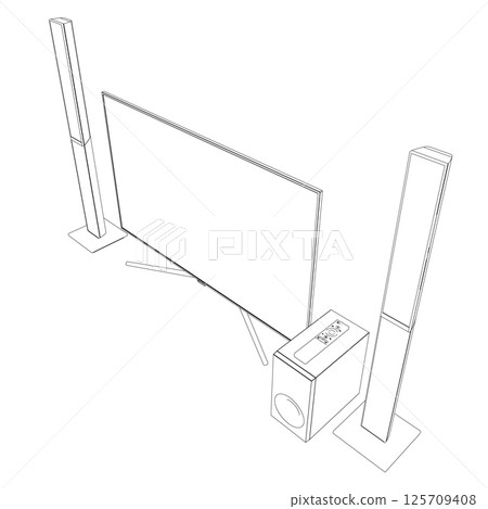 Contour TV home theater with sound speaker design. Speakers and television, tv set icon in black flat glyph, outline style isolated on white background. Isometric view. 125709408