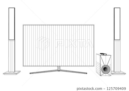 Wireframe TV home theater with sound speaker design. Speakers and television, tv set icon in black flat glyph, outline style isolated on white background. 3D Wireframe TV home theater with sound speaker design. Speakers and television, tv set icon in black flat glyph, outline style isolated on white background. 3D 125709409