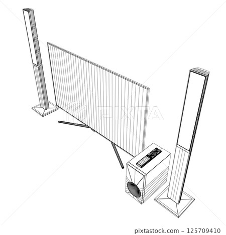 Wireframe TV home theater with sound speaker design. Speakers and television, tv set icon in black flat glyph, outline style isolated on white background. 3D Wireframe TV home theater with sound speaker design. Speakers and television, tv set icon in black flat glyph, outline style isolated on white background. 3D 125709410