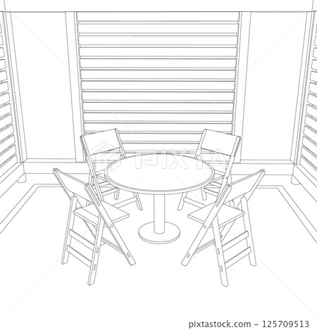 Gazebo outline. Black contour linear silhouette. Contour of a summerhouse with benches, a table and a roof. Vector illustration. 3D. 125709513