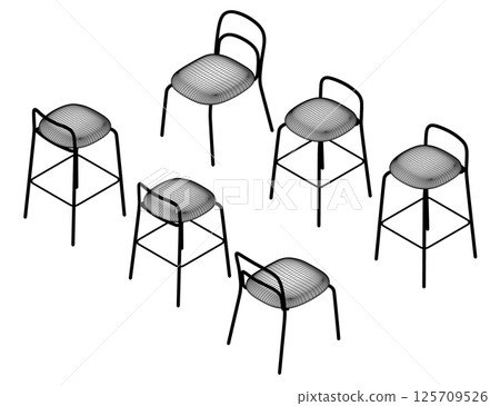 Vector illustration Bar stool icons set of wireframe. Chair bench. Club furniture. Isometric view. 3D. Vector illustration Bar stool icons set of wireframe. Chair bench. Club furniture. Isometric view. 3D. 125709526