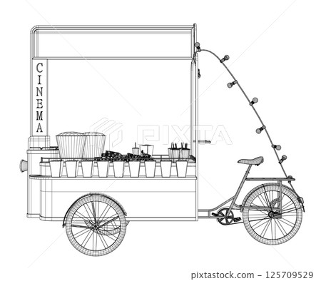 Wireframe Popcorn maker vector illustration. Vintage kiosk in amusement park. Street food. Tricycle movie theater food. Side view. 3D 125709529