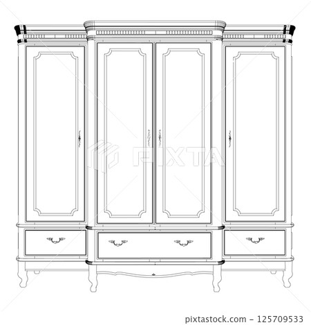 Contour of Wooden retro wardrobe. Natural wood retro closet for interior, dress storage cabinet vector illustration 125709533