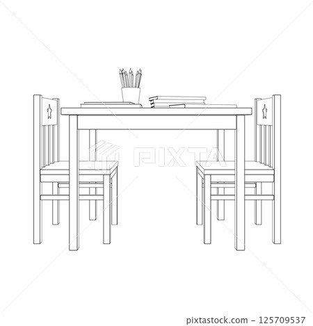 Outline of a rectangular table with two chairs made of black lines isolated on a white background. Books and pencils lie on the table. Children's place. Vector illustration. 125709537