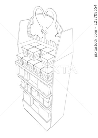 Grocery shop showcase. Supermarket with food product shelves, racks. Store vector concept 125709554