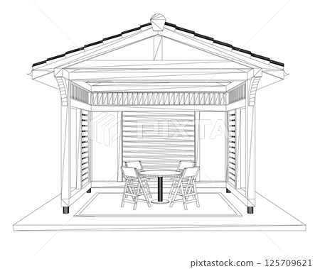 Gazebo outline. Black contour linear silhouette. Contour of a summerhouse with benches, a table and a roof. Vector illustration. 3D. Gazebo outline. Black contour linear silhouette. Contour of a summerhouse with benches, a table and a roof. Vector illustration. 3D. 125709621