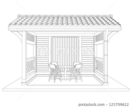 Gazebo outline. Black contour linear silhouette. Contour of a summerhouse with benches, a table and a roof. Vector illustration. 3D. Gazebo outline. Black contour linear silhouette. Contour of a summerhouse with benches, a table and a roof. Vector illustration. 3D. 125709622