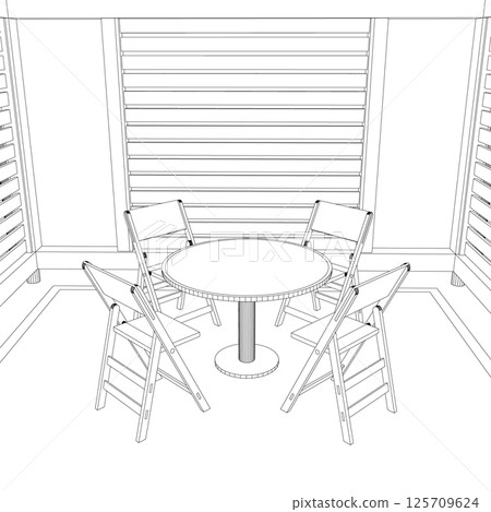 Gazebo outline. Black contour linear silhouette. Contour of a summerhouse with benches, a table and a roof. Vector illustration. 3D. 125709624