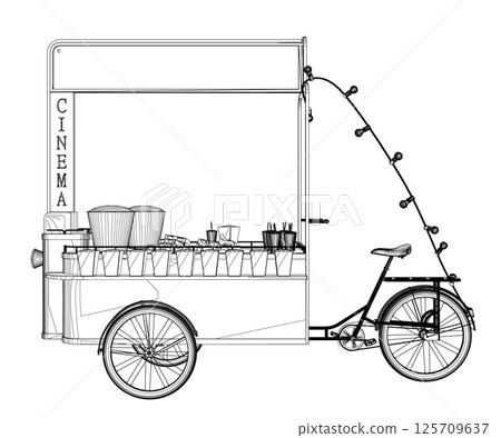 Popcorn maker vector illustration. Vintage kiosk in amusement park. Street food. Tricycle movie theater food. Side view. Popcorn maker vector illustration. Vintage kiosk in amusement park. Street food. Tricycle movie theater food. Side view. 125709637
